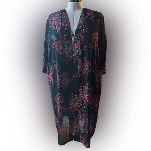 Forever 21+ Paisley Kimono Duster Black Red Open Front 2X